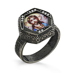 Кольцо из серебра с фианитами, финифтью