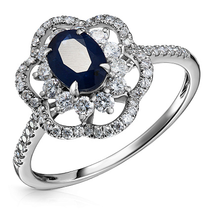 Кольцо из белого золота с бриллиантами, сапфиром