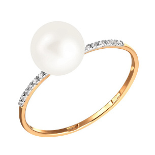 Кольцо из красного золота с жемчугом и фианитом