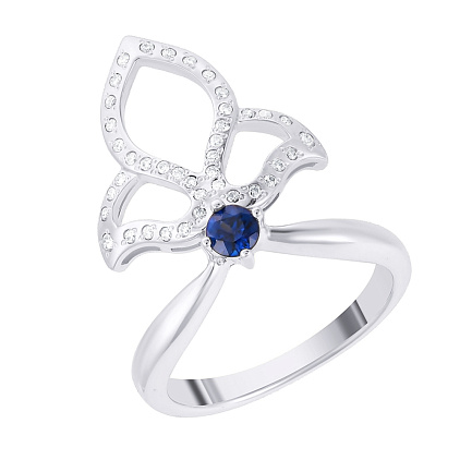 Кольцо из белого золота с бриллиантами, сапфиром