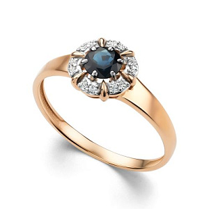 Кольцо из красного золота с бриллиантами, сапфиром
