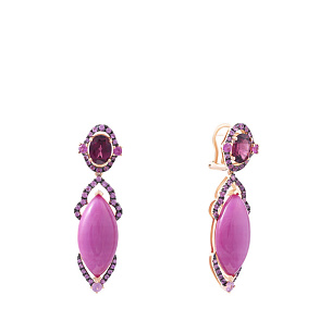 Серьги из желтого золота с сапфирами, родонитами, рубинами