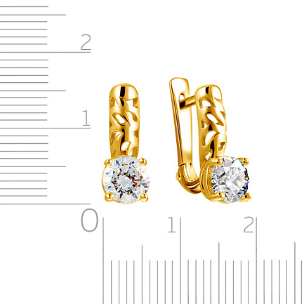 Серьги с английским замком из желтого золота с фианитом