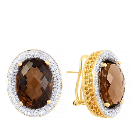 Серьги из желтого золота с бриллиантами, раухтопазами