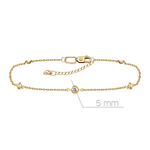 Браслет на ногу декоративный из желтого золота с фианитом, плетение якорное