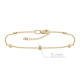 браслет на ногу декоративный из желтого золота с фианитом, плетение якорное