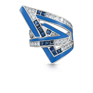 Кольцо из белого золота с бриллиантами, сапфирами, эмалью