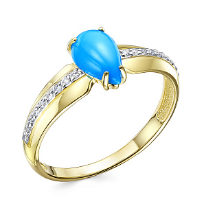 Кольцо из желтого золота с бриллиантами, бирюзой