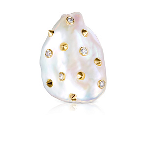 Кольцо из желтого золота с бриллиантами, жемчугом-кеши