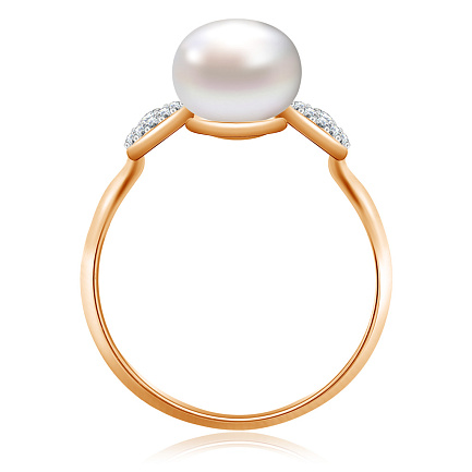 Кольцо из красного золота с жемчугом, фианитом