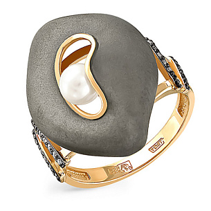 Кольцо из желтого золота с бриллиантами, жемчугом