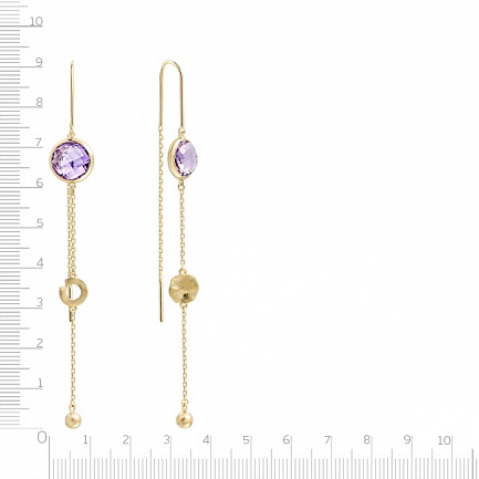 Серьги-продевки из желтого золота с аметистом