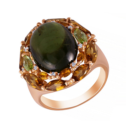 Кольцо из желтого золота с бриллиантами, перидотами