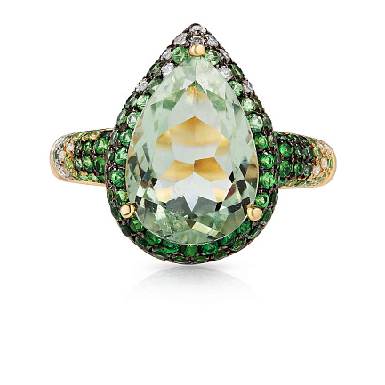 Кольцо из желтого золота с бриллиантами, цаворитами