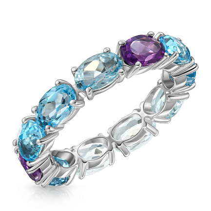 Кольцо из белого золота с аквамаринами, аметистами