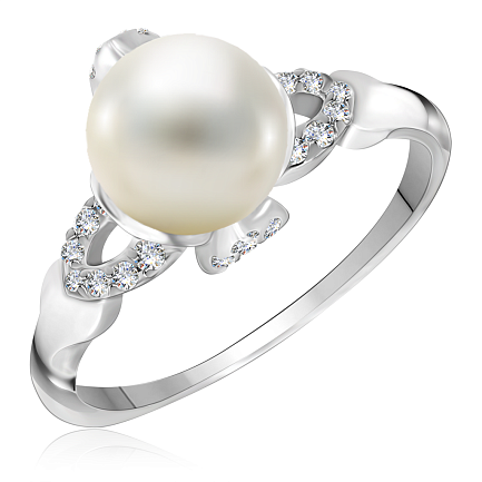 Кольцо из белого золота с жемчугом, фианитом