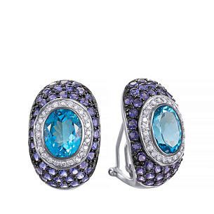 Серьги из белого золота с бриллиантами, топазами, танзанитами