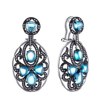 Серьги из белого золота с бриллиантами, топазами