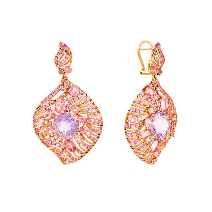 Серьги из красного золота с аметистами, сапфирами