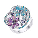 Кольцо из белого золота с аквамаринами, аметистами