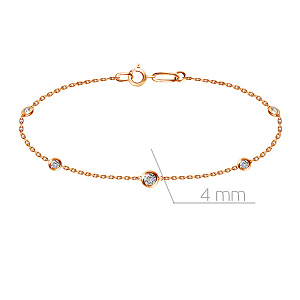 Браслет декоративный из красного золота с фианитом, плетение якорное