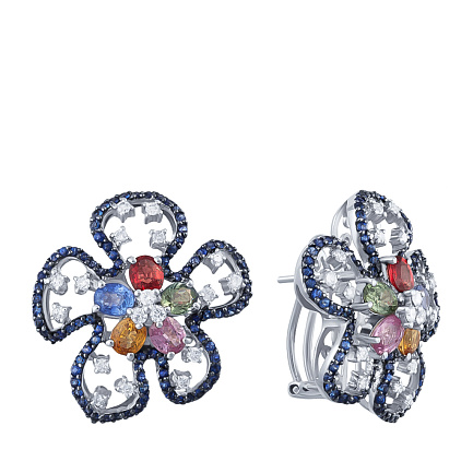Серьги из белого золота с бриллиантами, гранатами
