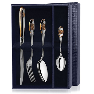 Набор из 4 столовых серебряных приборов Единство  с позолотой