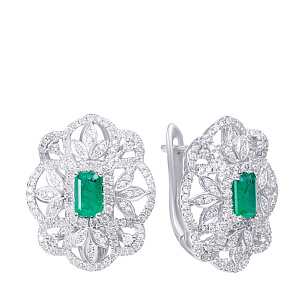 Серьги с английским замком из белого золота с изумрудом