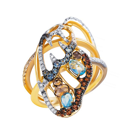 Кольцо из желтого золота с бриллиантами, раухтопазами