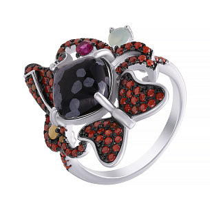 Кольцо из серебра с обсидианом, фианитом