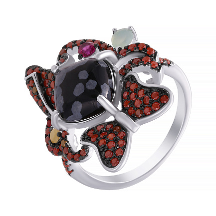 Кольцо из серебра с обсидианом, фианитом