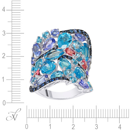 Кольцо из белого золота с сапфирами, танзанитами