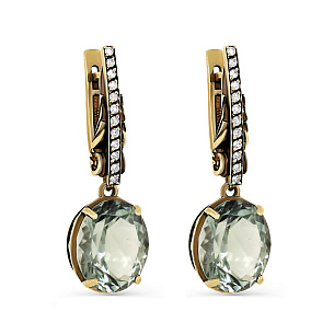 Серьги с английским замком из желтого золота с бриллиантами, празиолитами