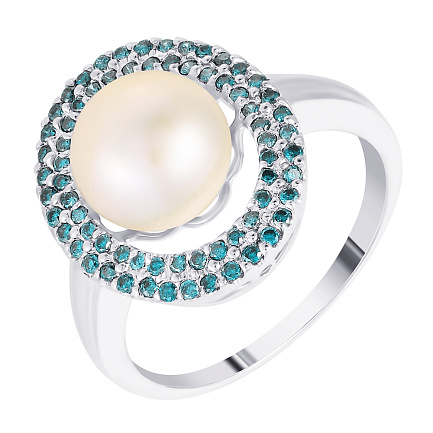 Кольцо из белого золота с бриллиантами, жемчугом