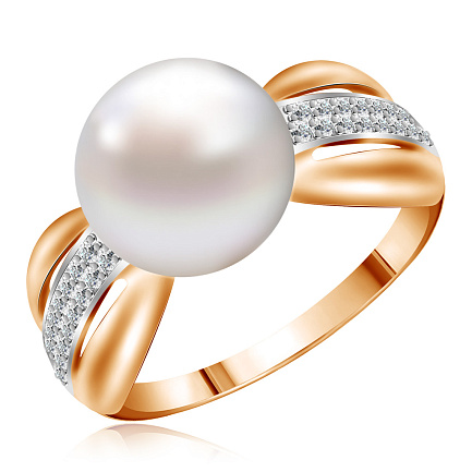 Кольцо из красного золота с жемчугом, фианитом