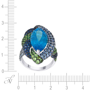 Кольцо из белого золота с сапфирами, цаворитами, топазом