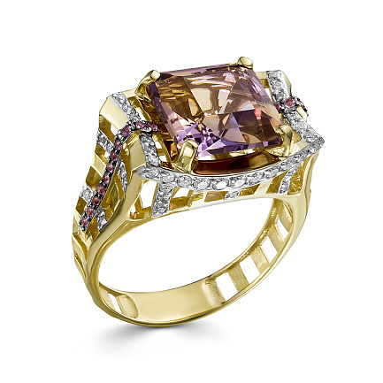 Кольцо из желтого золота с бриллиантами, аметистами