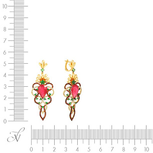 Серьги с английским замком из желтого золота с сапфирами, цаворитами, рубинами