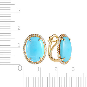 Серьги с английским замком из желтого золота с бриллиантами и бирюзой