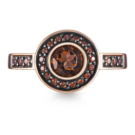 Кольцо из красного золота с раухтопазом, фианитом