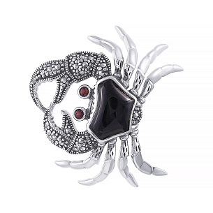 Брошь из серебра с гранатом, ониксом, марказитом