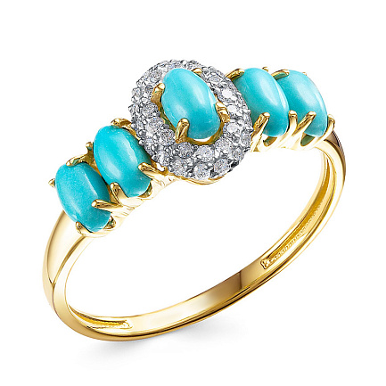 Кольцо из желтого золота с бриллиантами, бирюзой