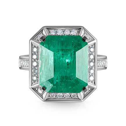 Кольцо из белого золота с бриллиантами, изумрудом