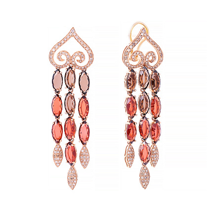 Серьги из красного золота с бриллиантами, гранатами