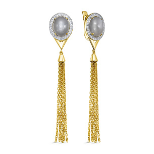 Серьги с английским замком из желтого золота с лунным камнем