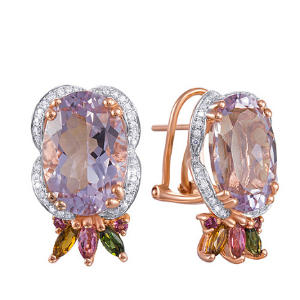 Серьги из красного золота с бриллиантами, аметистами