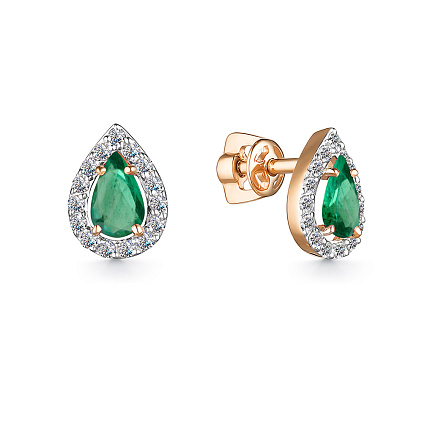 Пусеты из красного золота с бриллиантами, изумрудами