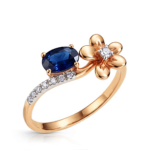 Кольцо из красного золота с бриллиантами, сапфиром