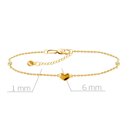 Браслет на ногу декоративный из желтого золота с фианитом, плетение якорное