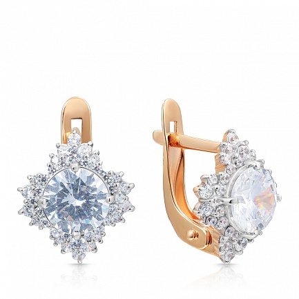 Серьги с английским замком из красного золота с фианитом